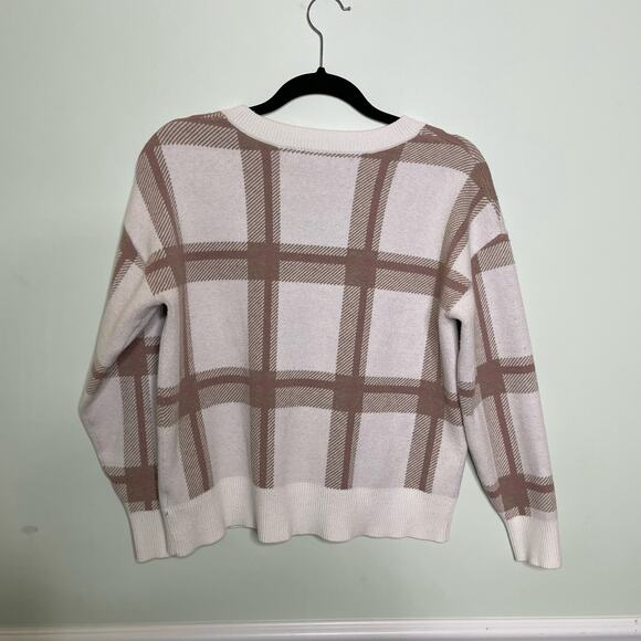 Max Studio V-Neck Sweater Long Sleeve Ribbed Hem Plaid Pullover Brown White L - Picture 2 of 12